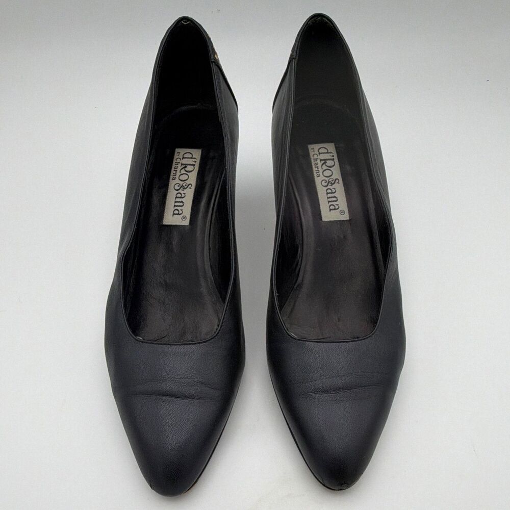 d'Rossana by Charna Black Leather Pointed Toe Studded Pumps Slip On US 7 N